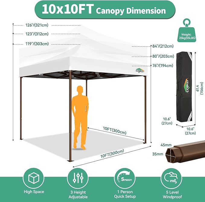 COBIZI 10x10 Pop Up Canopy Tent Heavy Duty with 4 Sidewall, Commercial Outdoor Easy Pop Up Gazebo for Party Wedding All