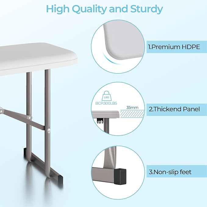 6ft HDPE Folding Bench, Foldable Seat with Sturdy Frame and Security Lock for Indoor and Outdoor, Multipurpose Entertaining