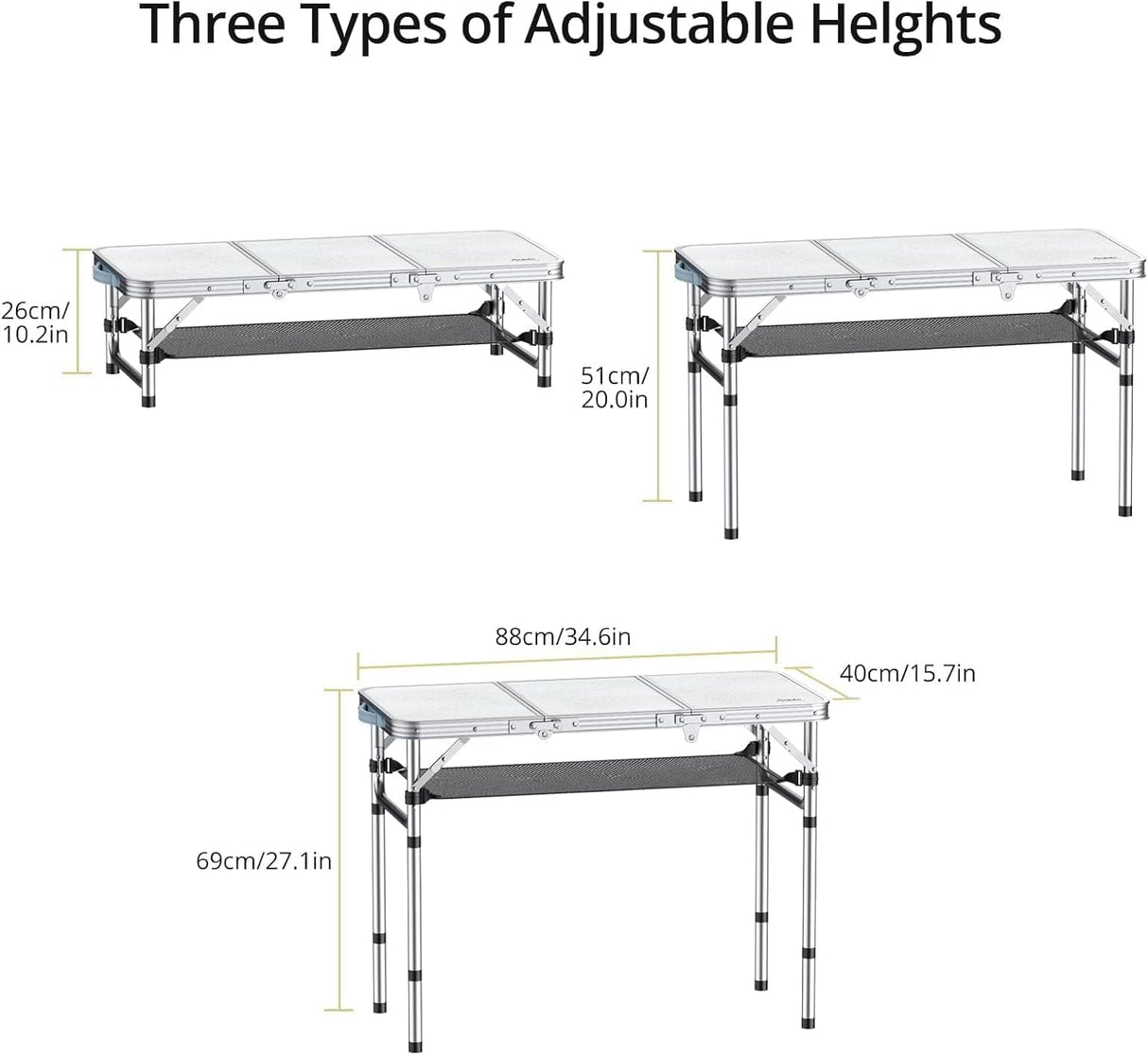 Folding Camping Table with Storage Net, 3ft Camping Table Aluminum Folding Table with 3 Adjustable Height Max 27.1 Inch,