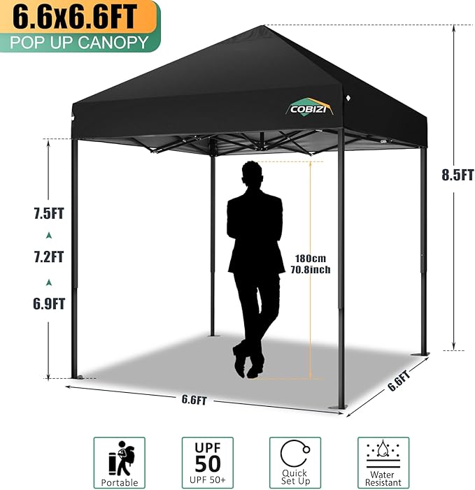 COBIZI 6.6x6.6ft Pop Up Canopy Tent, Heavy Duty Canopy Easy Set up All Weather Waterproof Outdoor Canopy Tent for Parties,