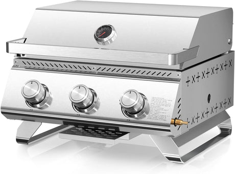 R.W.FLAME Premium 3 Burner Tabletop Propane Gas Grill Stainless Steel Portable Outdoor BBQ Grill with Griddle,24,000 BTU