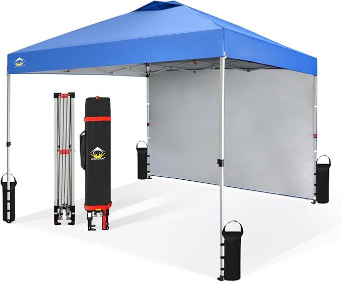 CROWN SHADES 10x10 Pop Up Canopy with 1 Side Wall - Beach Tent with One Push Setup - Outdoor Sun Shade for Events, Parties,