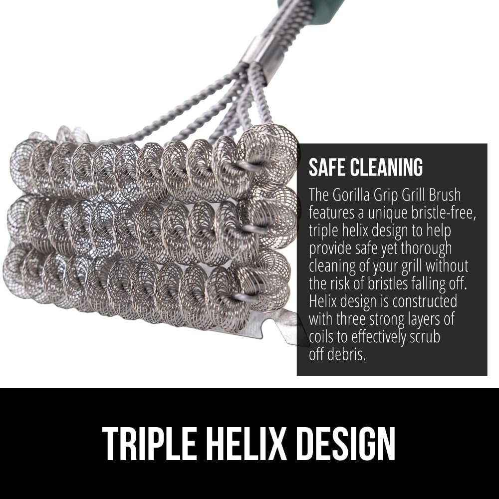 GORILLA GRIP Heavy Duty No Bristle Triple Helix Grill Brush with Scraper for Outdoor Grills, Safe Steam Cleaning, Oversized