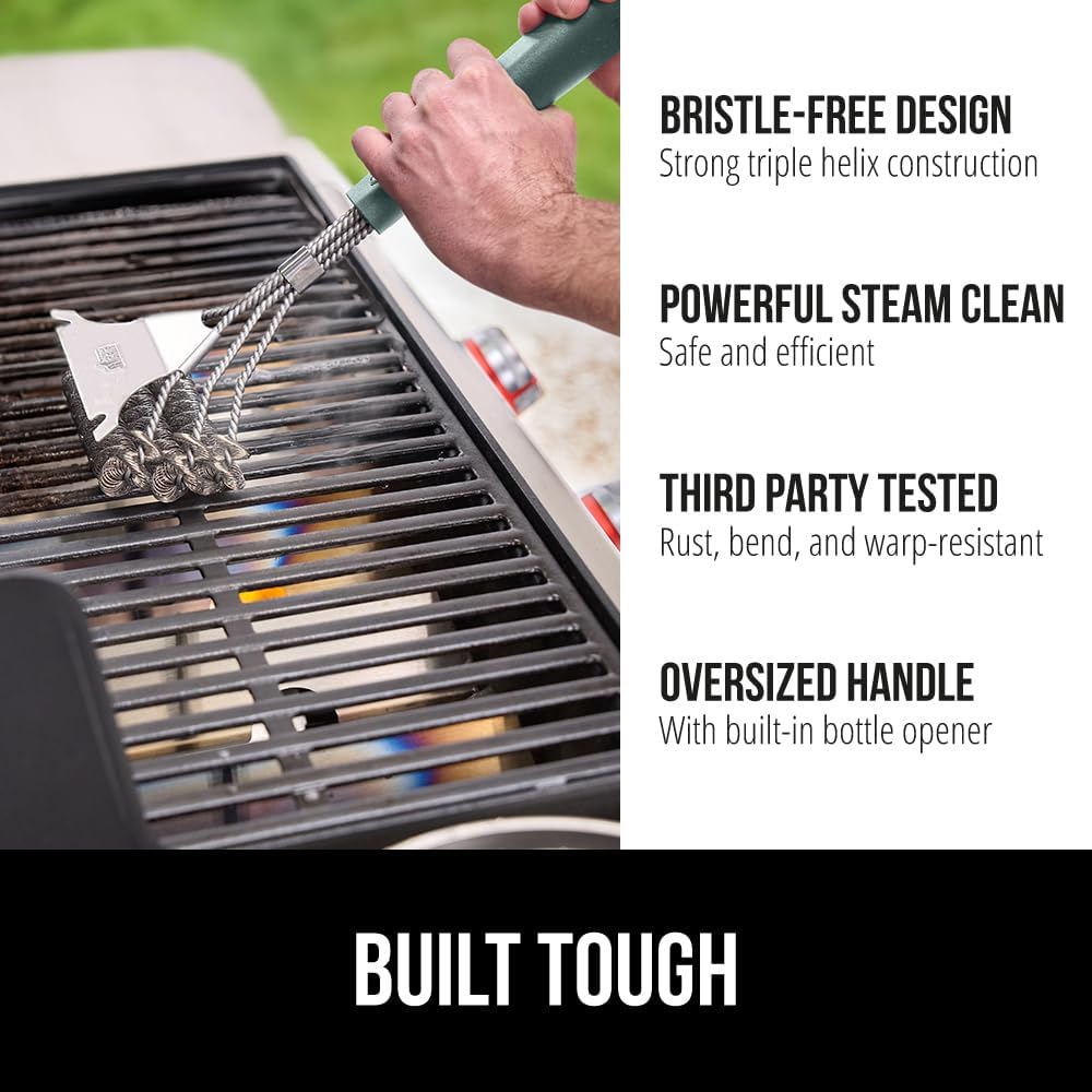 GORILLA GRIP Heavy Duty No Bristle Triple Helix Grill Brush with Scraper for Outdoor Grills, Safe Steam Cleaning, Oversized