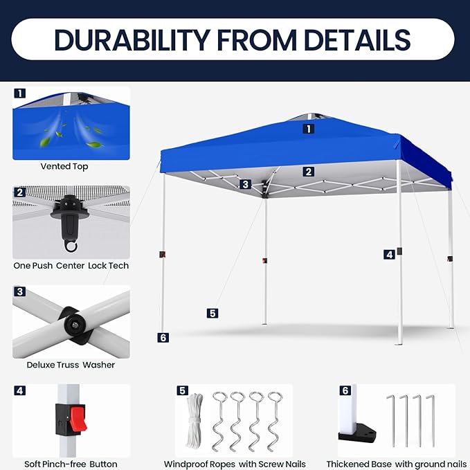 Shades 10x10 Pop Up Canopy with One Push Setup,Heavy Duty Beach Tent with Wheels for Easy Moving, Sun Shelter for