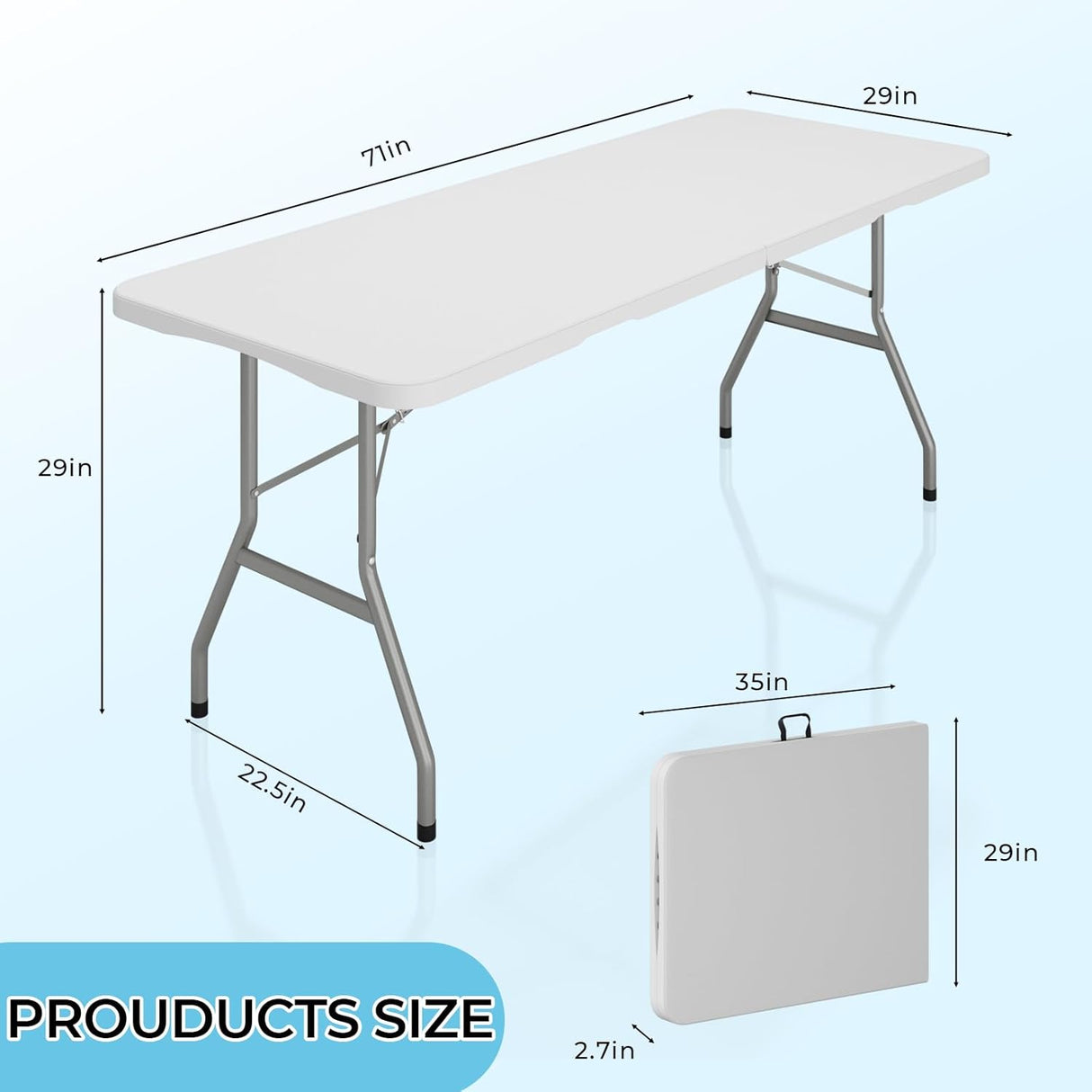 6ft Folding Table, Outdoor Foldable Table with HDPE Tabletop, Safety Locks, Easy to Carry and Store, No-Assembly Camping