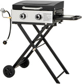 GREEN PARTY 2 Burner BBQ Propane Gas Griddle with Collapsible Stand, 18 Inch Portable Griddle with Side Table & 253 Sq. In.