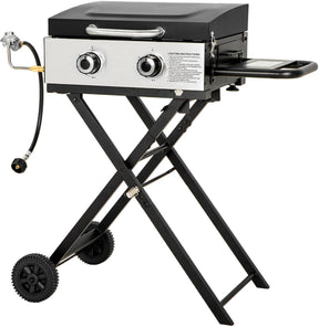 GREEN PARTY 2 Burner BBQ Propane Gas Griddle with Collapsible Stand, 18 Inch Portable Griddle with Side Table & 253 Sq. In.