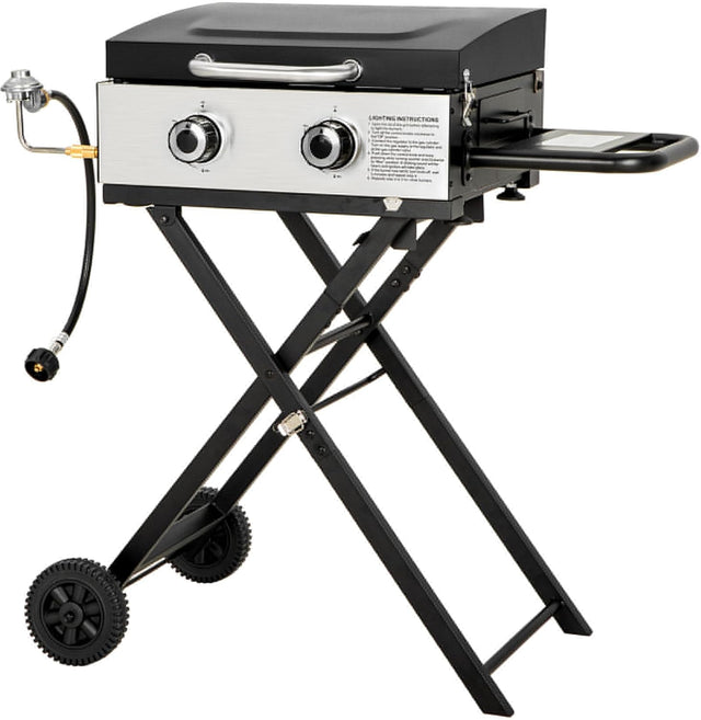 GREEN PARTY 2 Burner BBQ Propane Gas Griddle with Collapsible Stand, 18 Inch Portable Griddle with Side Table & 253 Sq. In.