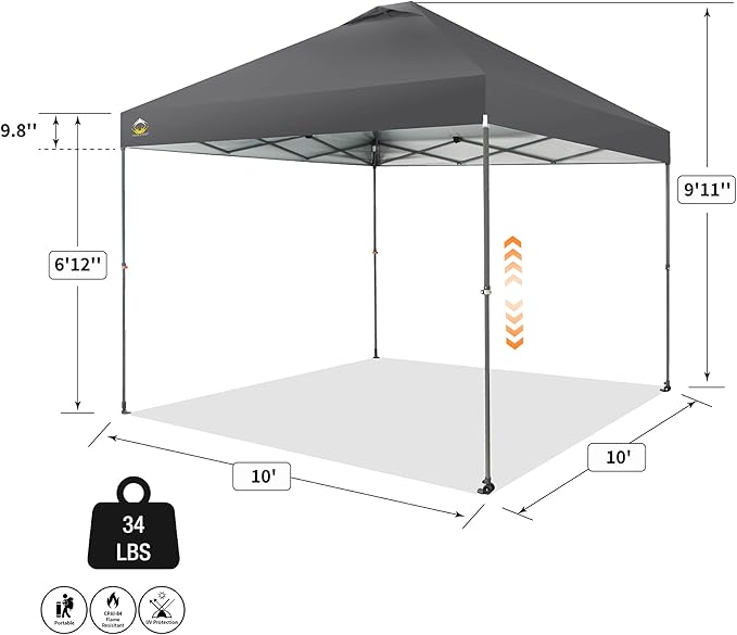 CROWN SHADES Adjustable Height on The Fly, 10x10 Pop Up Canopy - Beach Tent with One Push Setup - Easy Outdoor Sun Shade for