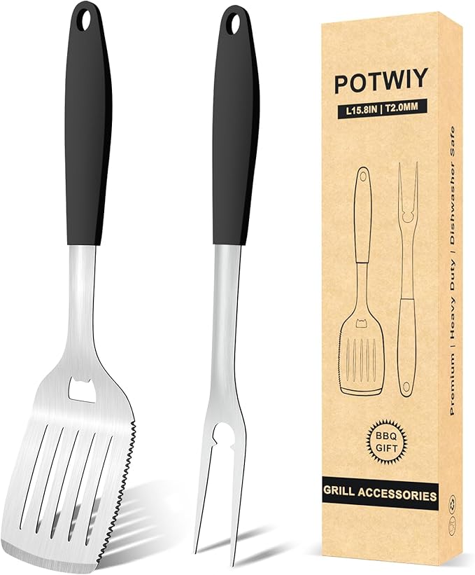 Grill Tools BBQ Accessories Set of 2, 15.8'' Heavy Duty Stainless Steel Grill Utensils with Grill Spatula and Fork, Full