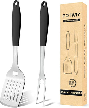 Grill Tools BBQ Accessories Set of 2, 15.8'' Heavy Duty Stainless Steel Grill Utensils with Grill Spatula and Fork, Full
