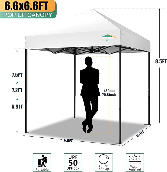 COBIZI 6.6x6.6ft Pop Up Canopy Tent, Heavy Duty Canopy Easy Set up All Weather Waterproof Outdoor Canopy Tent for Parties,