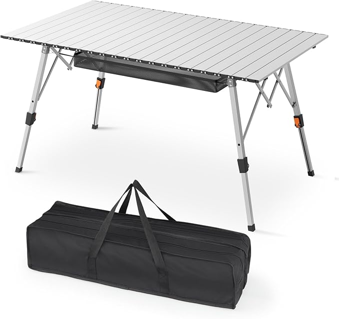 Athena Collection Foldable Camping Table, 47" Aluminum Outdoor Folding Camp Table with Mesh Layer Telescopic Legs and Carry