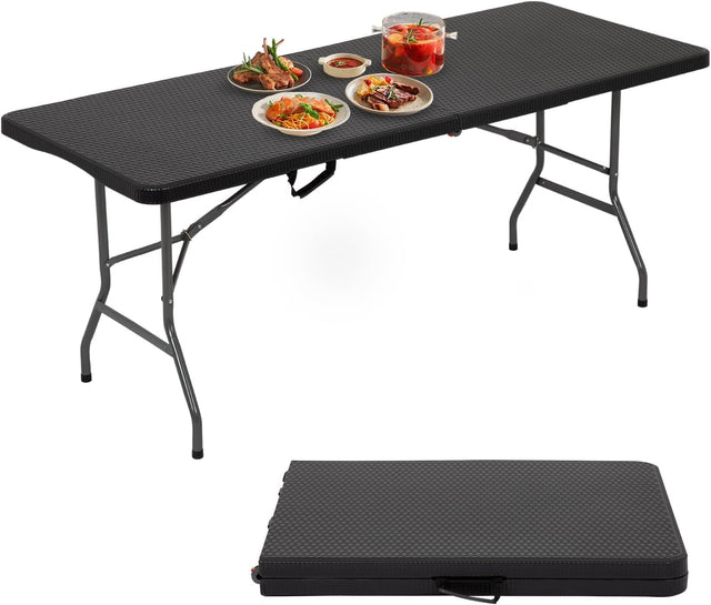 6FT Folding Table, Heavy Duty Plastic Table Portable Fold-in-Half Utility Table Indoor Outdoor Picnic Table w/Handle & Lock