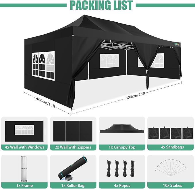 COBIZI 13x26 Pop Up Tent Heavy Duty Canopy with Removable Sidewalls Party Tent Outdoor Wedding Large Event Tent with Roller