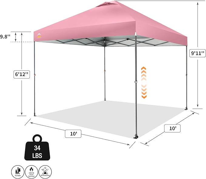 CROWN SHADES Adjustable Height on The Fly, 10x10 Pop Up Canopy - Beach Tent with One Push Setup - Easy Outdoor Sun Shade for