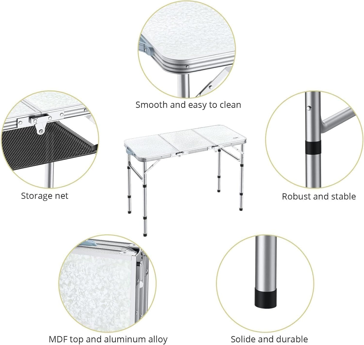 Folding Camping Table with Storage Net, 3ft Camping Table Aluminum Folding Table with 3 Adjustable Height Max 27.1 Inch,