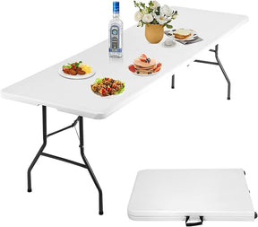 8FT Folding Table, Heavy Duty Foldable Table with Handle, Portable Fold-in-Half Utility Tables for Indoor & Outdoor Use