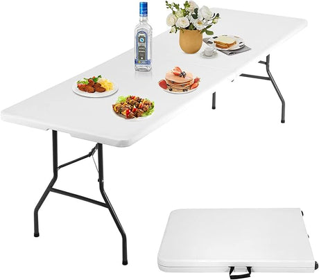 8FT Folding Table, Heavy Duty Foldable Table with Handle, Portable Fold-in-Half Utility Tables for Indoor & Outdoor Use