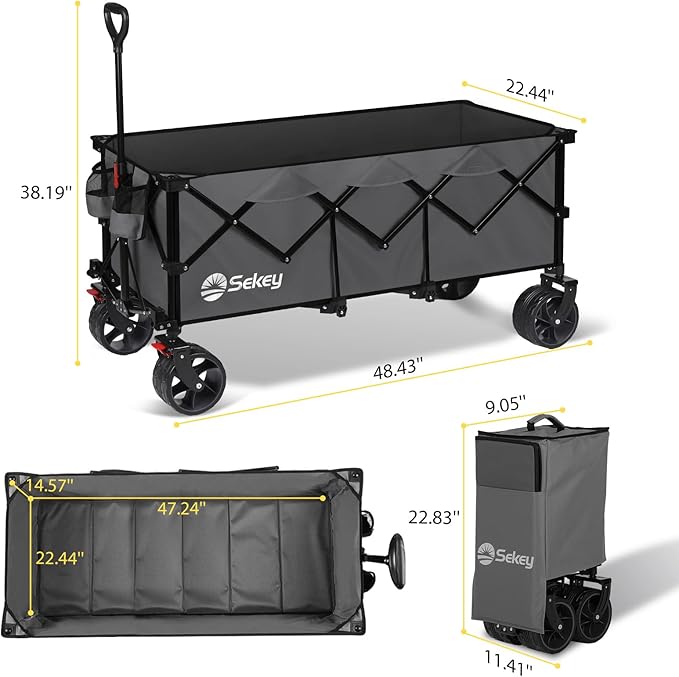 Sekey 48''L Collapsible Foldable Extended Wagon with 440lbs Weight Capacity, Heavy Duty 300L Folding Utility Garden Cart