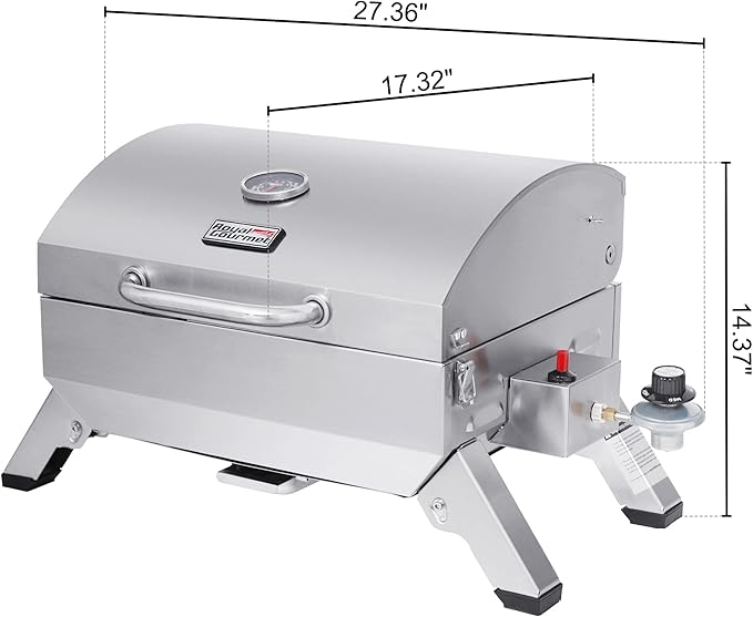 Royal Gourmet GT1001 Stainless Steel Portable Grill, 10000 BTU BBQ Tabletop Gas Grill with Folding Legs and Lockable Lid,
