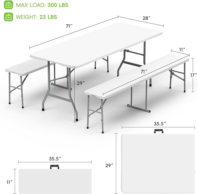 HLPB Folding Table Picnic Table Set, 6 ft Camping Table with 2 Benches, Outdoor Indoor Portable Folding Furniture for