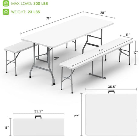 HLPB Folding Table Picnic Table Set, 6 ft Camping Table with 2 Benches, Outdoor Indoor Portable Folding Furniture for