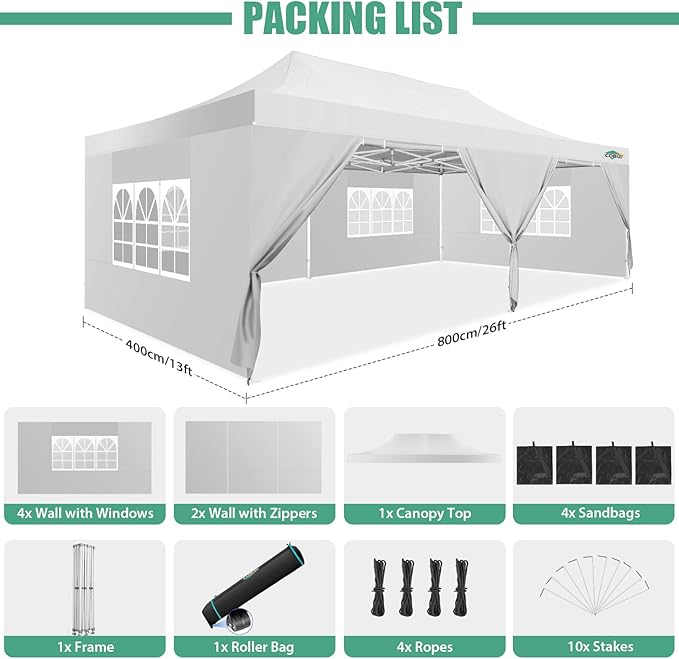 COBIZI 13x26 Pop Up Tent 13x26 Canopy with Sidewalls Heavy Duty Canopy Party Tent for Parties, Outdoor Wedding Large Event