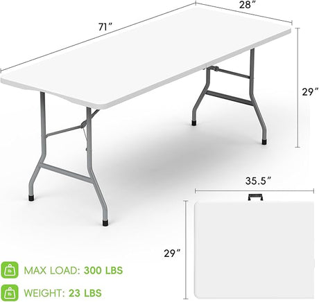Folding Table 6ft, Foldable Portable Heavy Duty Plastic Fold-in-Half Utility Table with Handle & Safety Locks, Picnic Table