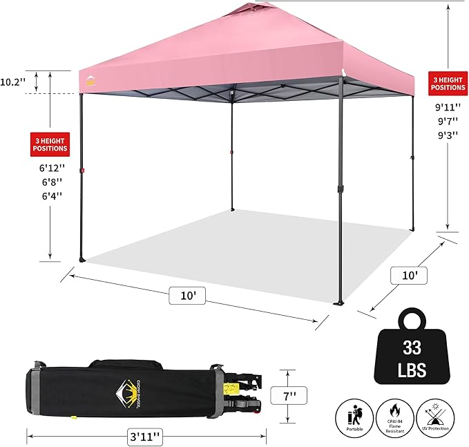 CROWN SHADES 10x10 Pop Up Canopy Tent - Patented Center Lock One Push Instant Outdoor Canopy Beach Tent with STO-N-Go Bag 8
