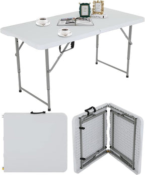 4FT Folding Table, Height Adjustable Table, Heavy Duty Plastic Tables Portable Fold-in-Half Utility Table w/Handle & Lock