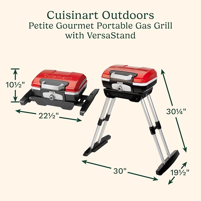 Cuisinart Petite Gourmet Portable Gas Grill with VersaStand, Compact Portable Grill Propane, 150 Sq. In. Cooking Surface,