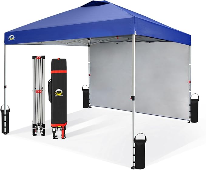 CROWN SHADES 10x10 Pop Up Canopy with 1 Side Wall - Beach Tent with One Push Setup - Outdoor Sun Shade for Events, Parties,