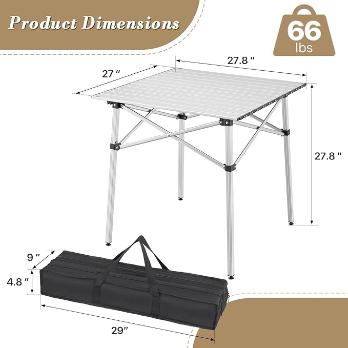 Athena Collection Foldable Camping Table, 28" Small Aluminum Outdoor Folding Camp Table with Roll Up Tabletop and Carry Bag,