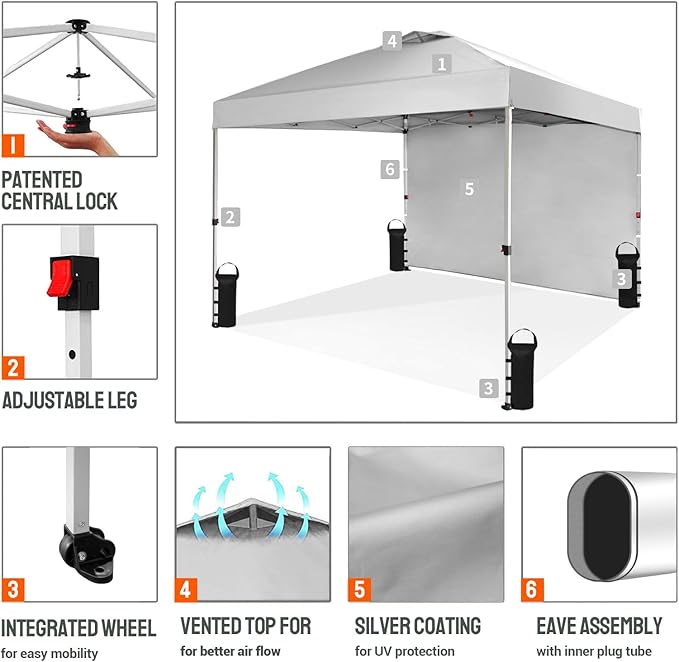 CROWN SHADES 10x10 Pop Up Canopy with 1 Side Wall - Beach Tent with One Push Setup - Outdoor Sun Shade for Events, Parties,
