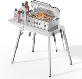 Food Grade 304 Stainless Steel BBQ Grill Table fits Tabletop Griddle, Outdoor Grill Table with 4 Foldable Legs, Portable