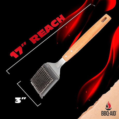 BBQ-Aid Grill Brush and Scraper for Barbecue - Grill Brush for Outdoor Grill with Extended, Large Wooden Handle and