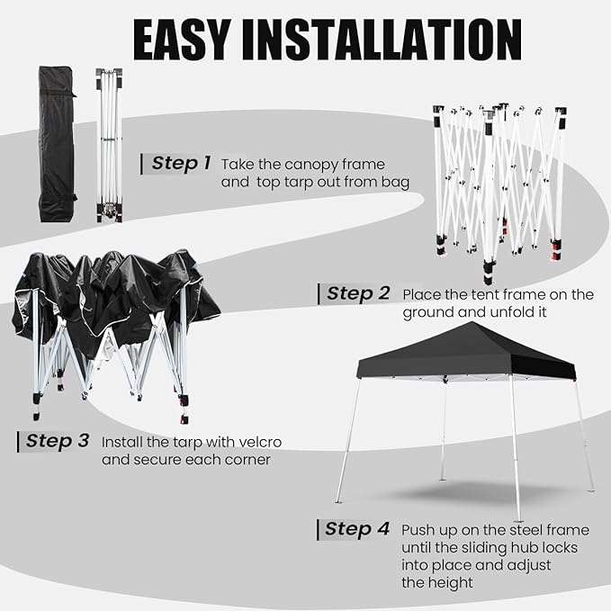 10x10 Pop Up Canopy, 300D Silver Coated Black Fabric Outdoor Gazebo, Beach Tent Slant Legs with Storage Bag,Easy Up Sun