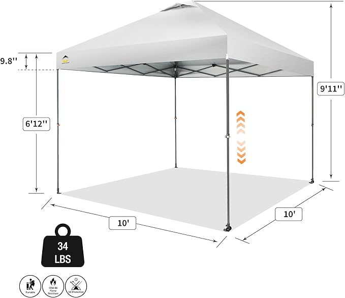 CROWN SHADES Adjustable Height on The Fly, 10x10 Pop Up Canopy - Beach Tent with One Push Setup - Easy Outdoor Sun Shade for