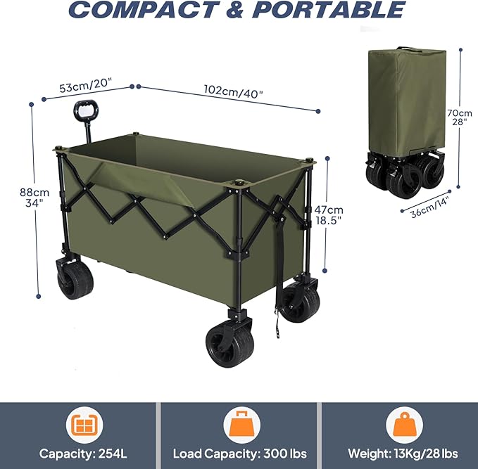 Chihee Garden Cart Collapsible Outdoor Utility Wagon Cart,Folding Beach Cart Oversized Capacity 254L,Heavy Duty Portable