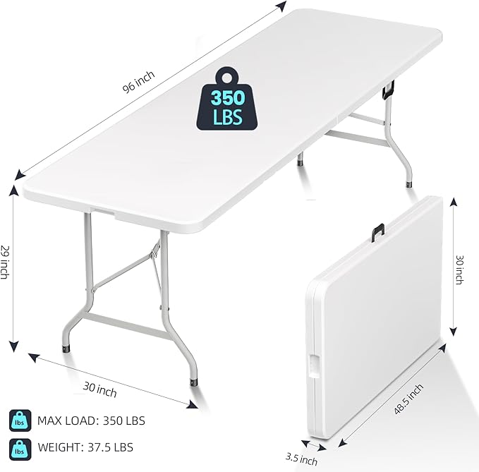 HLPB Folding Table Picnic Table, 8 ft Portable Camping Table with Handle and Safety Locks, Foldable Table Plastic Dining