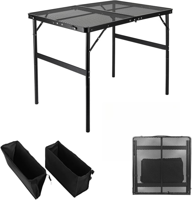 Camping Table 3FT Grill Table with 2×7/15L Storage Bag Foldable Folding Table Picnic Portable Stand Mesh 2 Height Adjustable