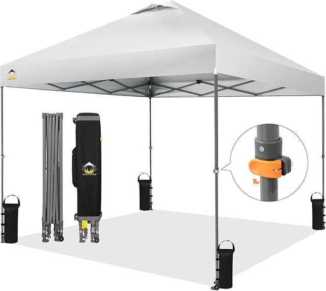 CROWN SHADES Adjustable Height on The Fly, 10x10 Pop Up Canopy - Beach Tent with One Push Setup - Easy Outdoor Sun Shade for