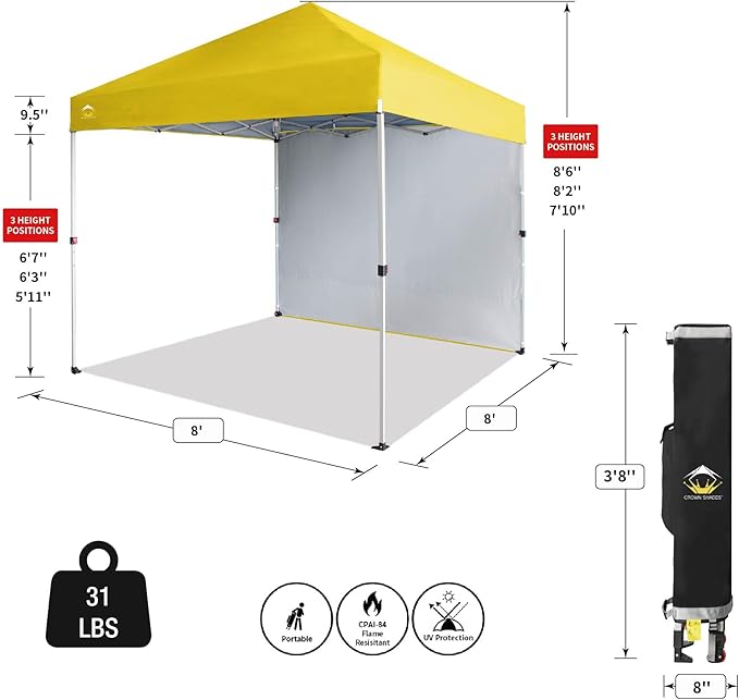CROWN SHADES 8x8 Pop Up Canopy with 1 Side Wall - Beach Tent with One Push Setup - Outdoor Sun Shade for Events, Parties,