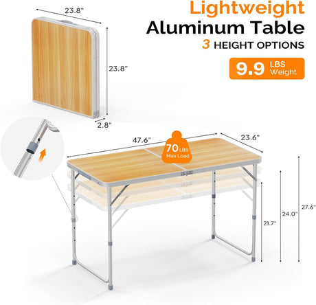 VINGLI 4FT White Folding Table with Carrying Handle Height Adjustable Lightweight Fold Up Portable for Indoor Outdoor
