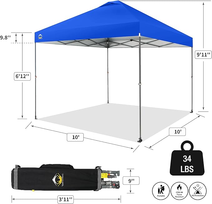 CROWN SHADES Adjustable Height on The Fly, 10x10 Pop Up Canopy - Beach Tent with One Push Setup - Easy Outdoor Sun Shade for