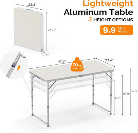 VINGLI 4FT White Folding Table with Carrying Handle Height Adjustable Lightweight Fold Up Portable for Indoor Outdoor
