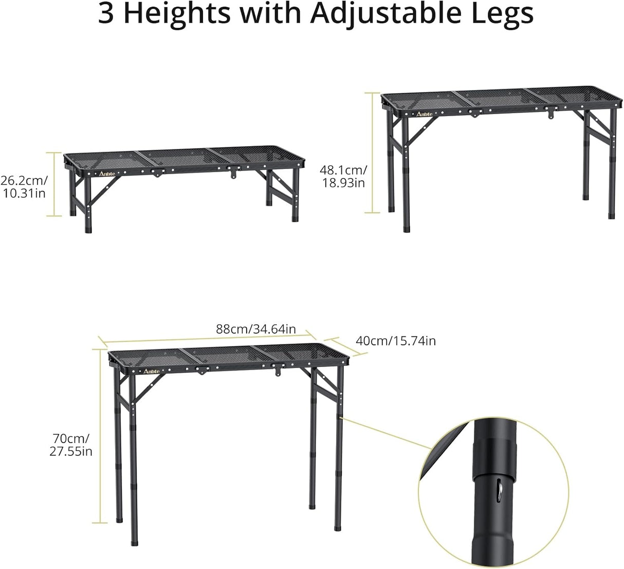 Folding Grill Table, Aluminum Camping Table Adjustable Height Max 27.5" Picnic Table Outdoor Table, Lightweight, Portable
