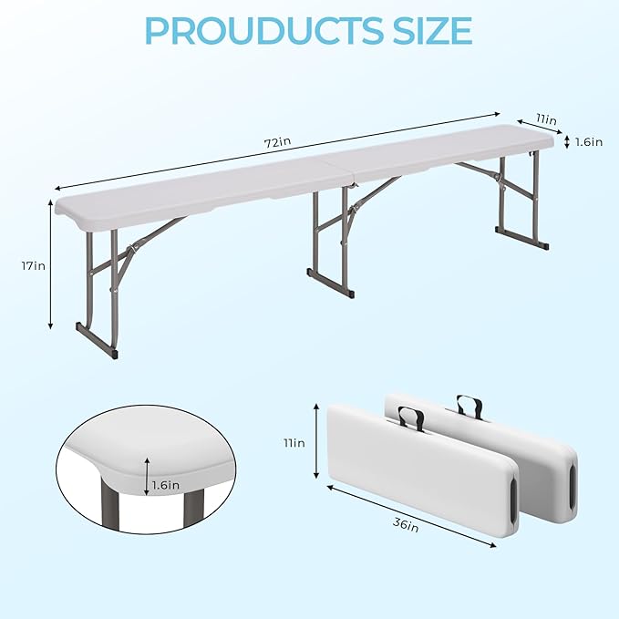 6ft HDPE Folding Bench, Foldable Seat with Sturdy Frame and Security Lock for Indoor and Outdoor, Multipurpose Entertaining